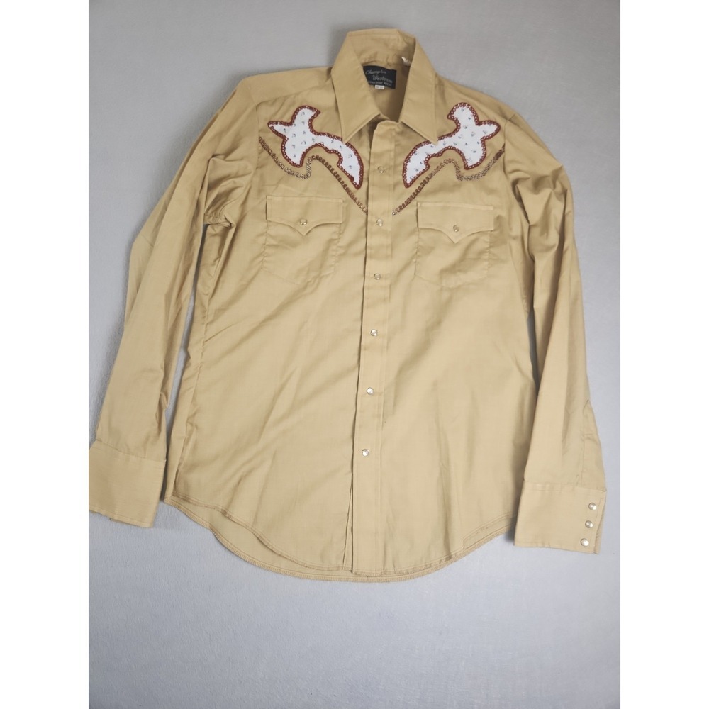 Vintage Champion Westerns Sz 16-35 Permanent Press Shirt Pearl Snap Button Tan